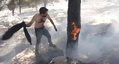 Alev alev yanan ağacı tişörtüyle söndürdü