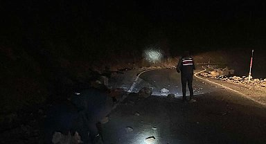 Depremde yola kaya parçaları düştü